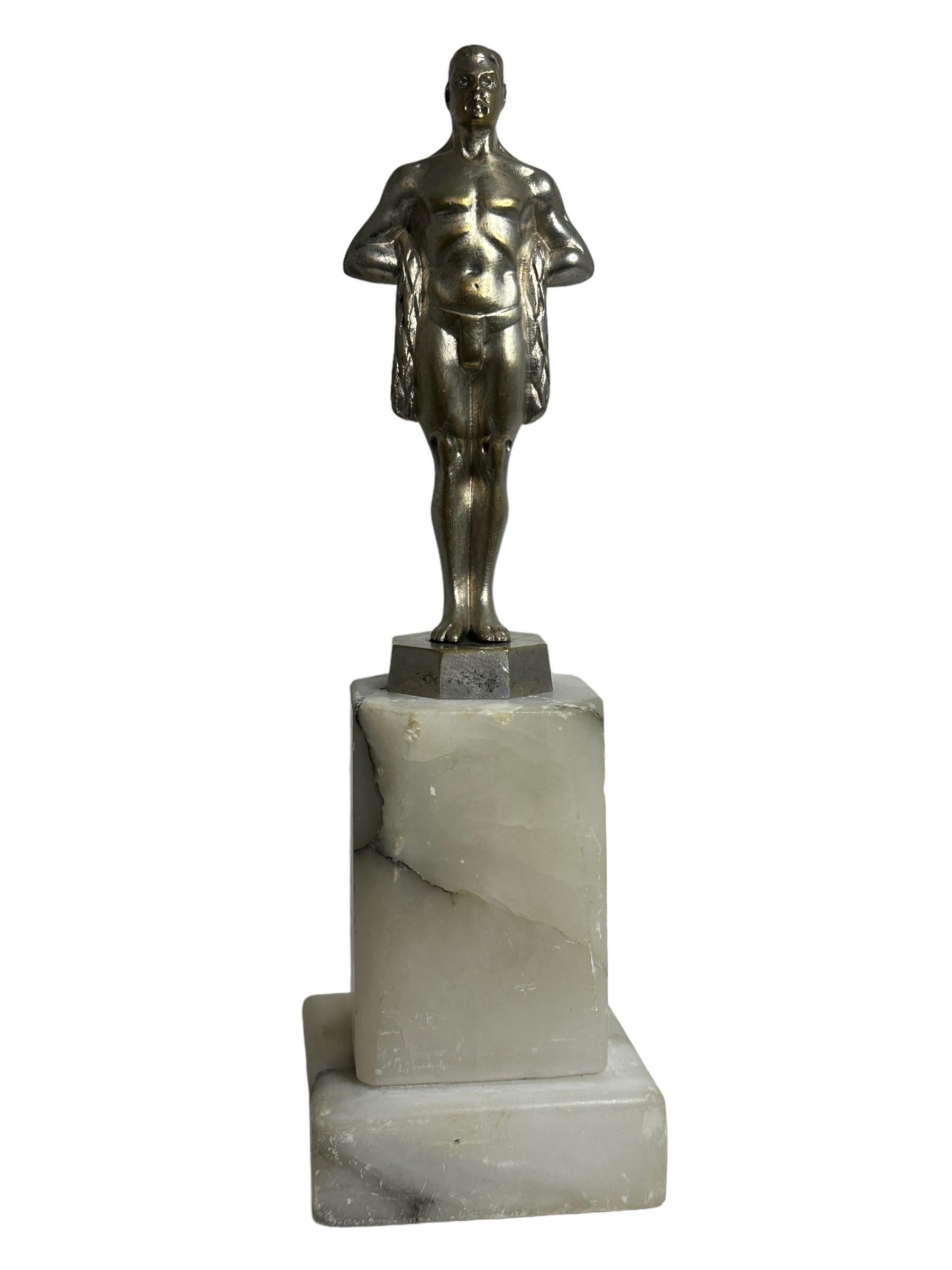 Metal 1930s Viena Bronze Figure Statue on Alabaster Marble Base Antique Austria For Sale