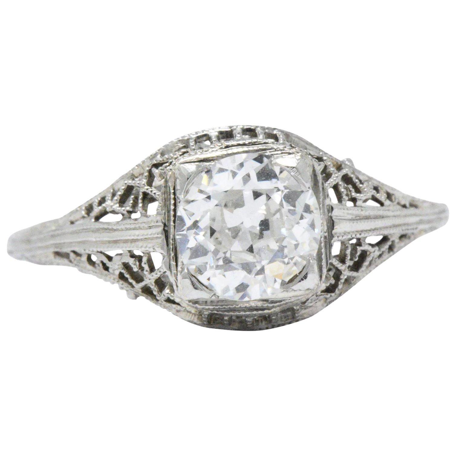 Art Deco 1.06 CTW Diamond 18 Karat White Gold Engagement Ring GIA 