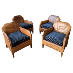 1930s Vintage Art Deco French Leather Club Chairs, Set of 4