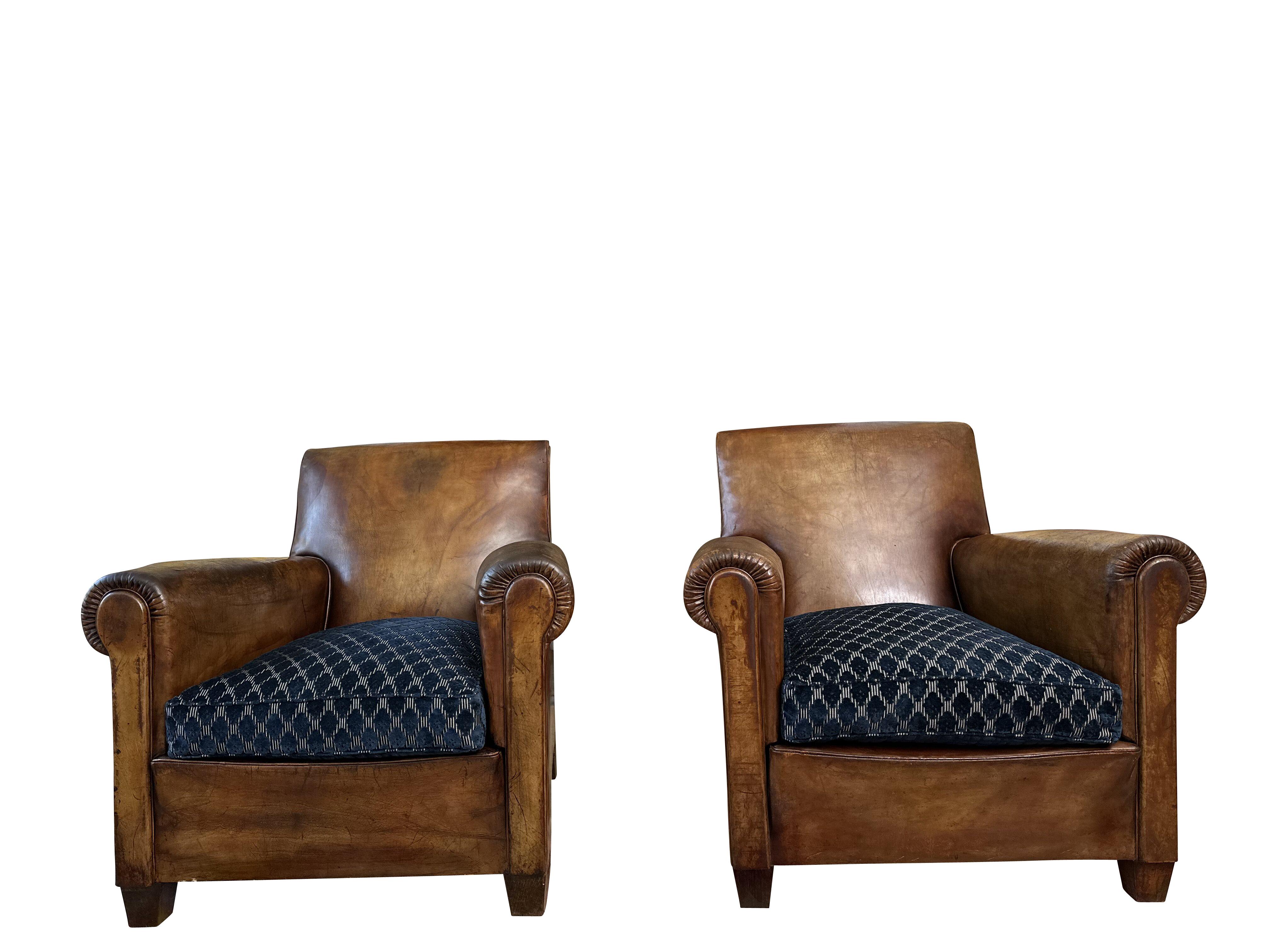 French 1930's Vintage Art Deco Leather Club Chairs - A Pair For Sale