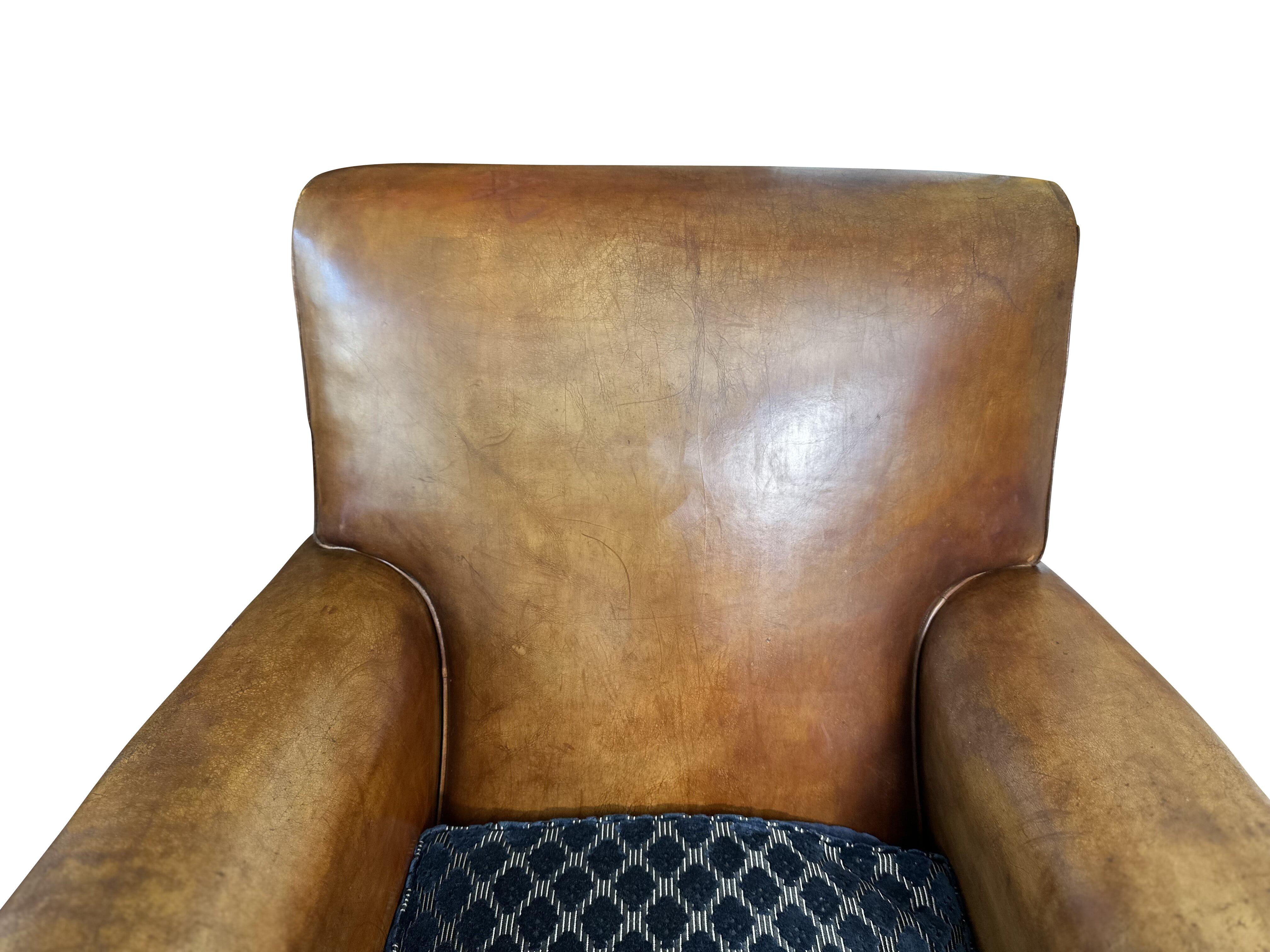 1930's Vintage Art Deco Leather Club Chairs - A Pair In Good Condition For Sale In Brooklyn, NY