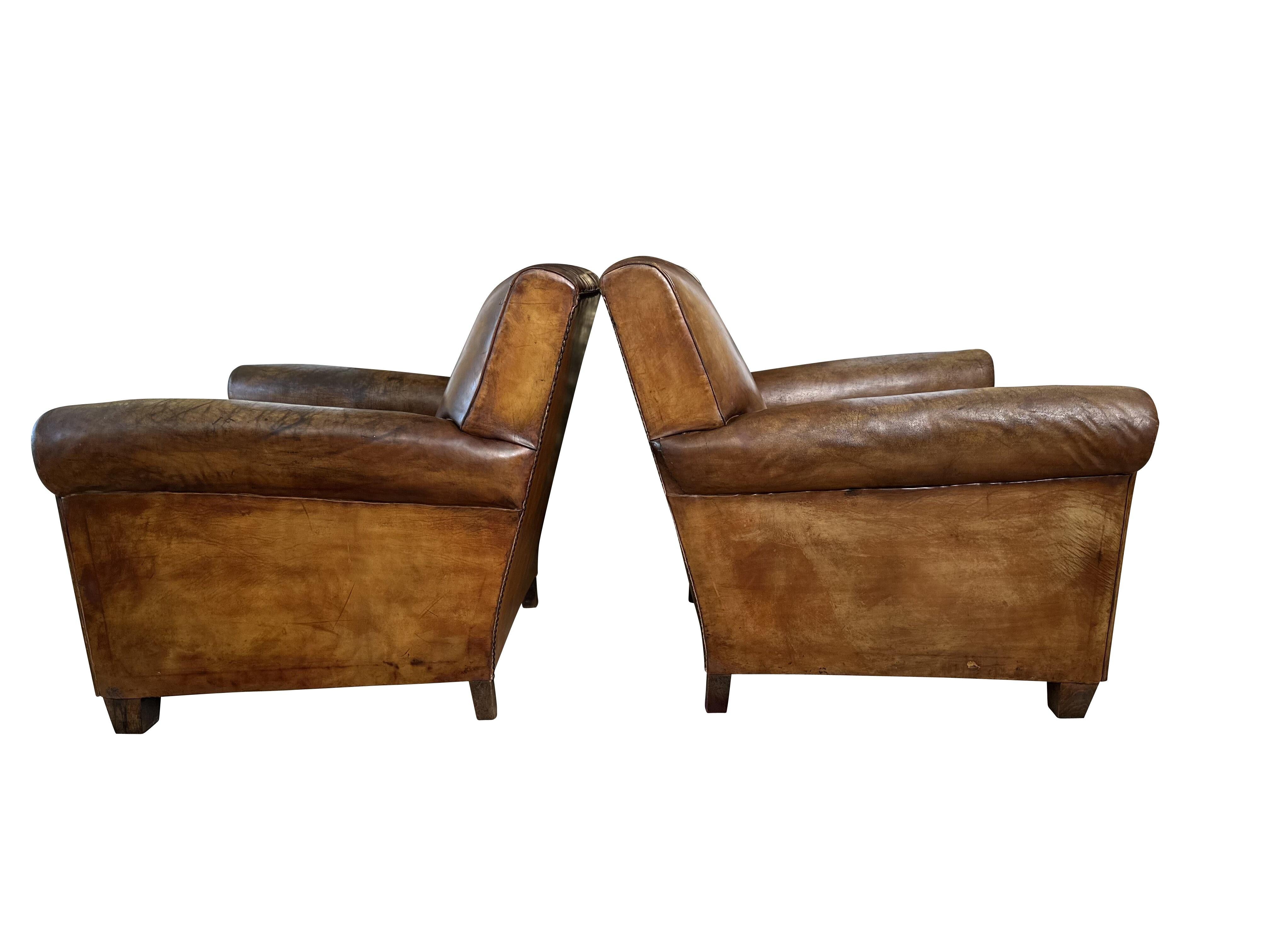 1930's Vintage Art Deco Leather Club Chairs - A Pair For Sale 2