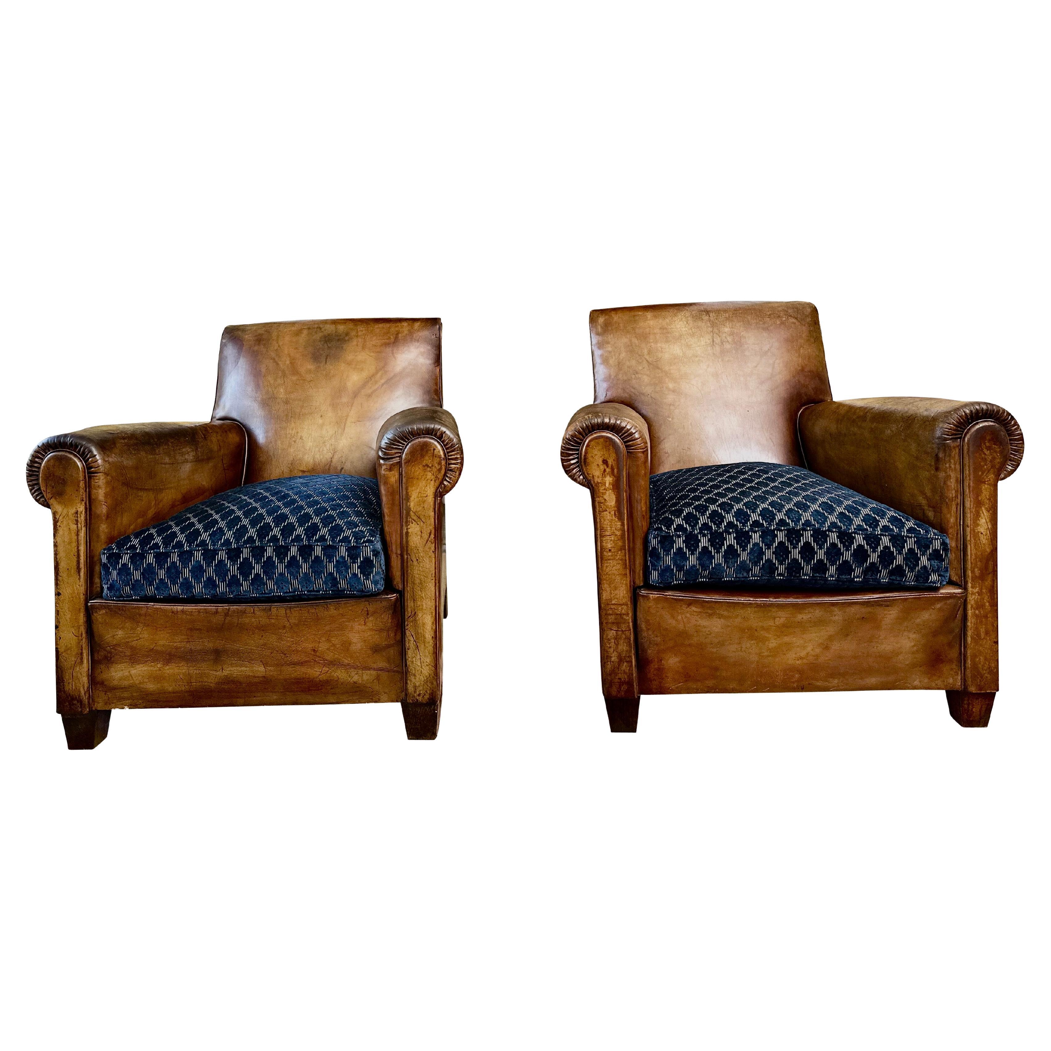 1930's Vintage Art Deco Leather Club Chairs - A Pair