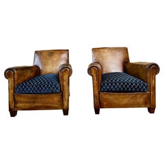 1930's Retro Art Deco Leather Club Chairs - A Pair