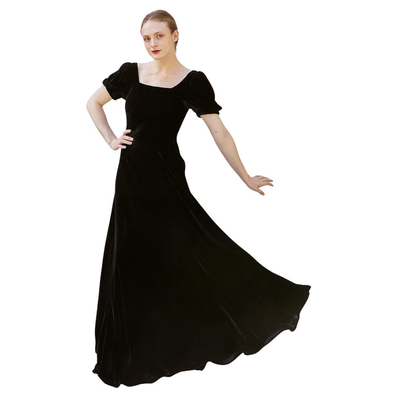1930's Vintage Black Velvet Gown For Sale