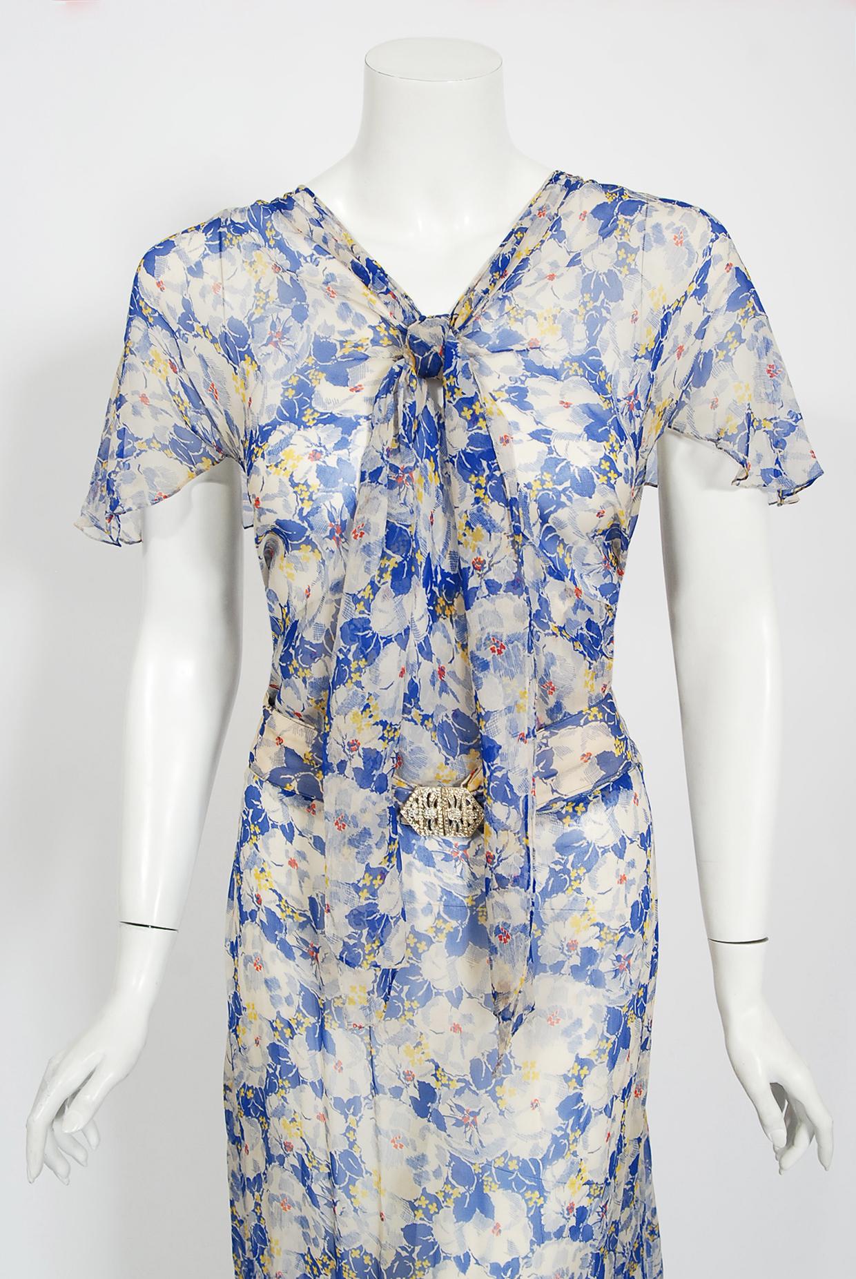 Vintage 1930's Blue Floral Chiffon Bias Cut Gown & Winged-Sleeve Smocked Bolero  4