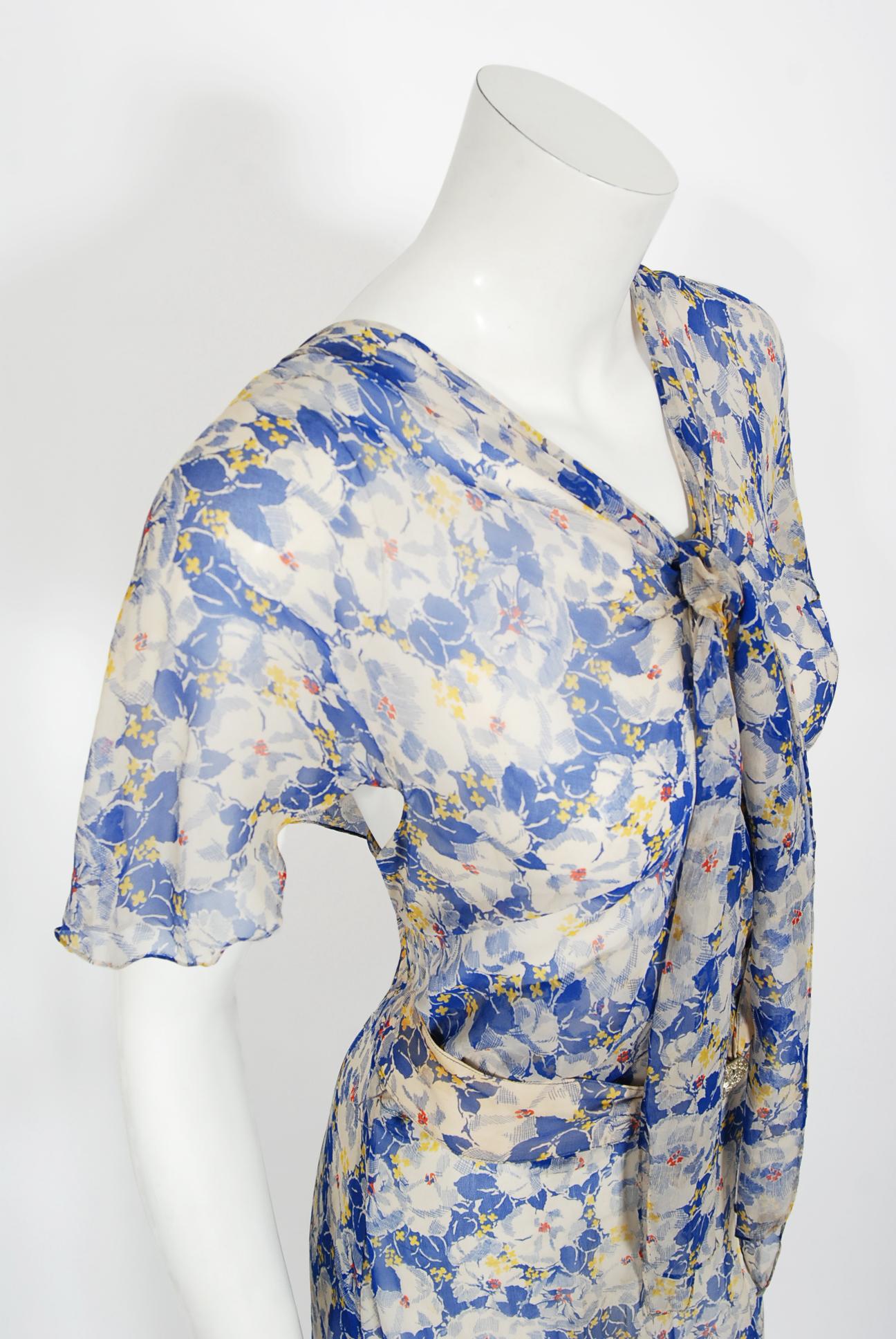 Vintage 1930's Blue Floral Chiffon Bias Cut Gown & Winged-Sleeve Smocked Bolero  5
