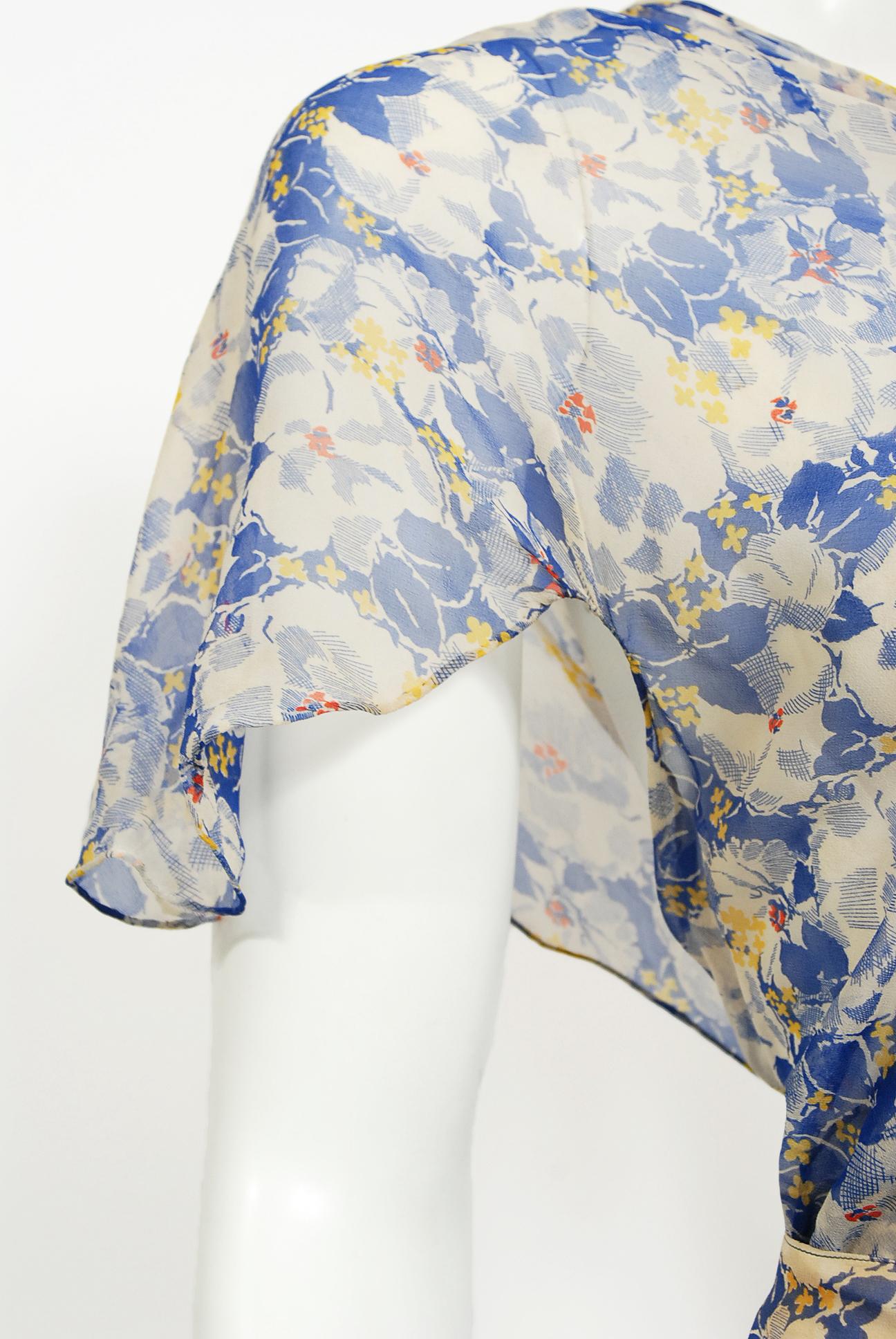 Vintage 1930's Blue Floral Chiffon Bias Cut Gown & Winged-Sleeve Smocked Bolero  6