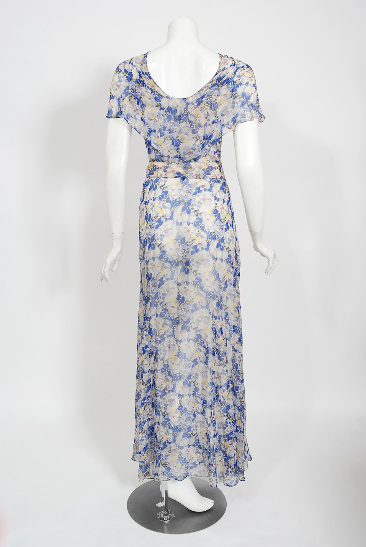 Vintage 1930's Blue Floral Chiffon Bias Cut Gown & Winged-Sleeve Smocked Bolero  7