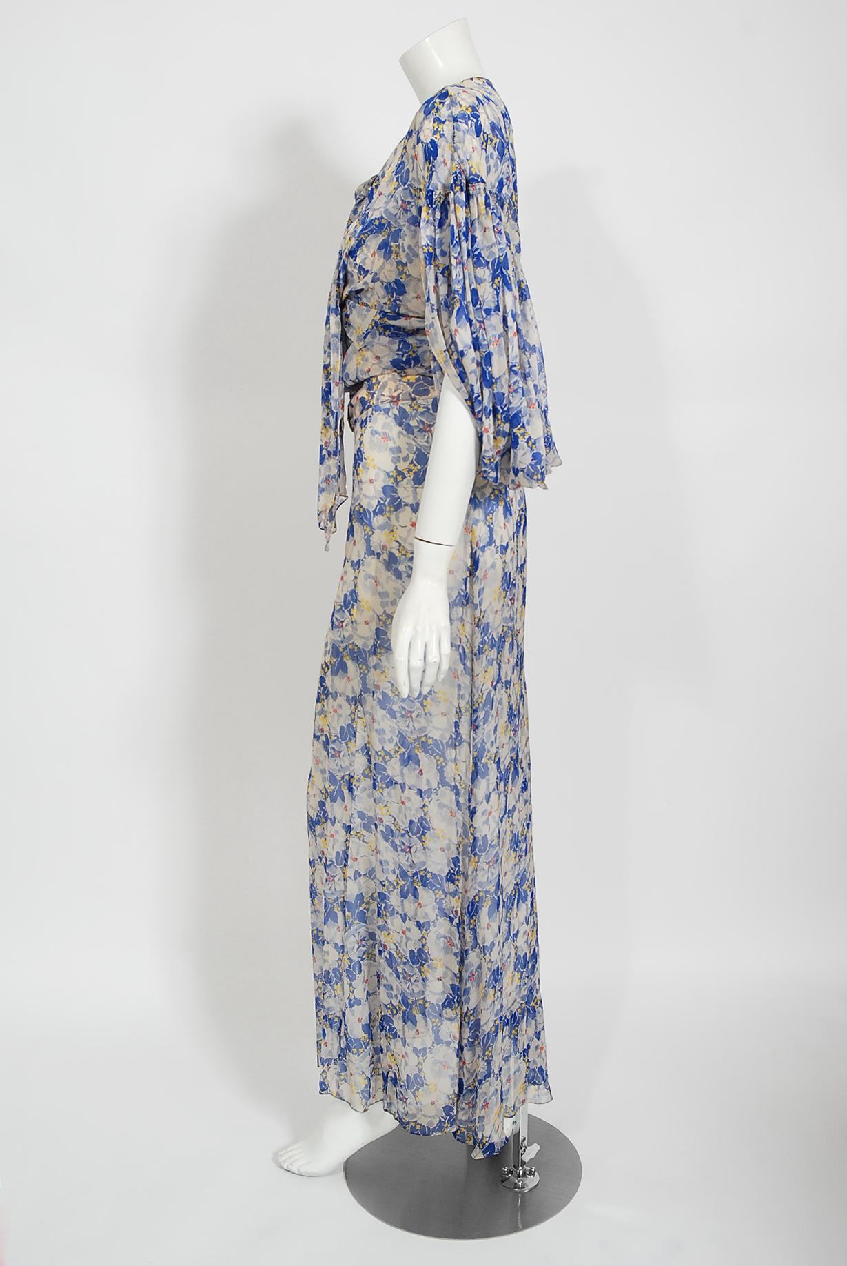 Gray Vintage 1930's Blue Floral Chiffon Bias Cut Gown & Winged-Sleeve Smocked Bolero 