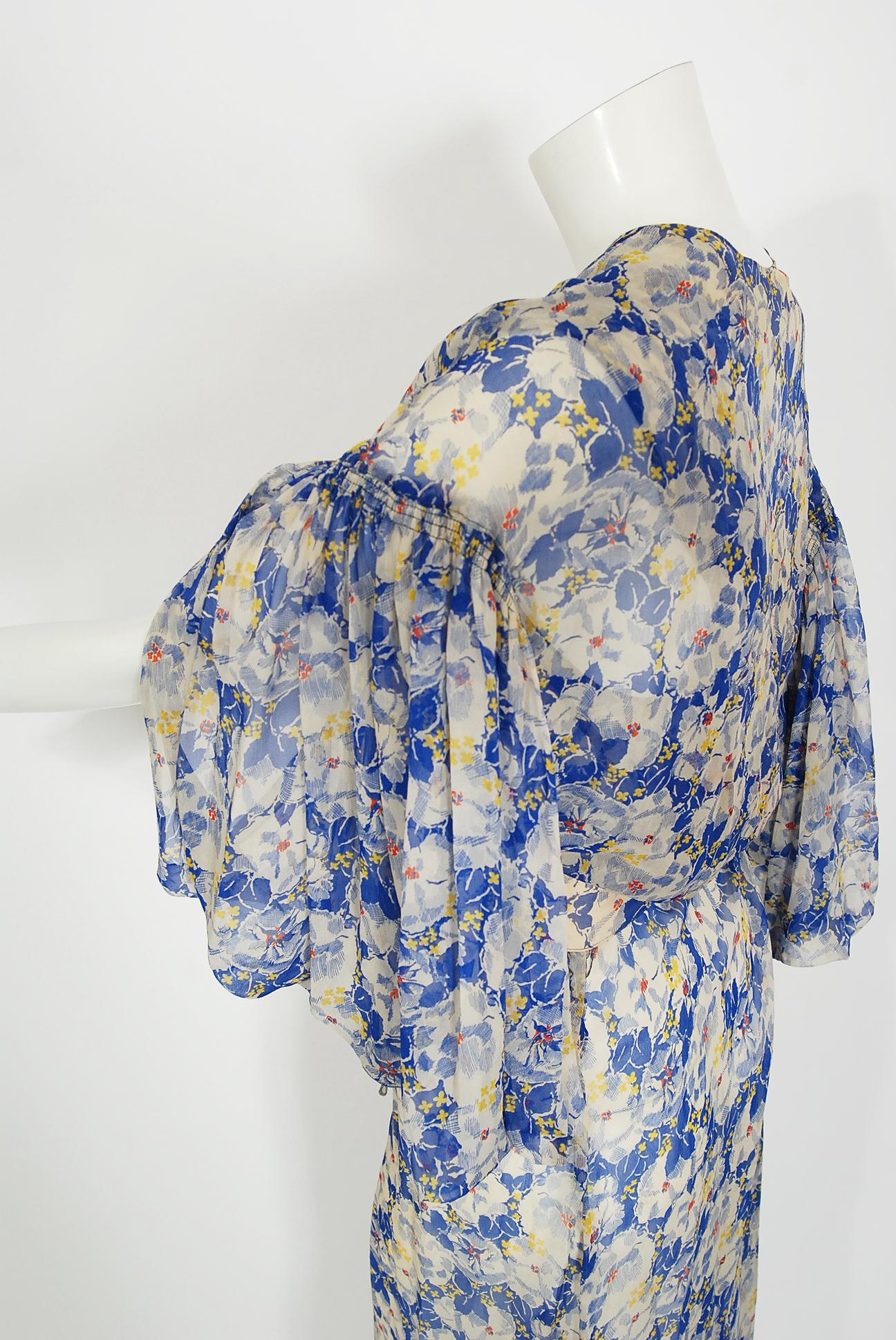 Vintage 1930's Blue Floral Chiffon Bias Cut Gown & Winged-Sleeve Smocked Bolero  In Good Condition In Beverly Hills, CA