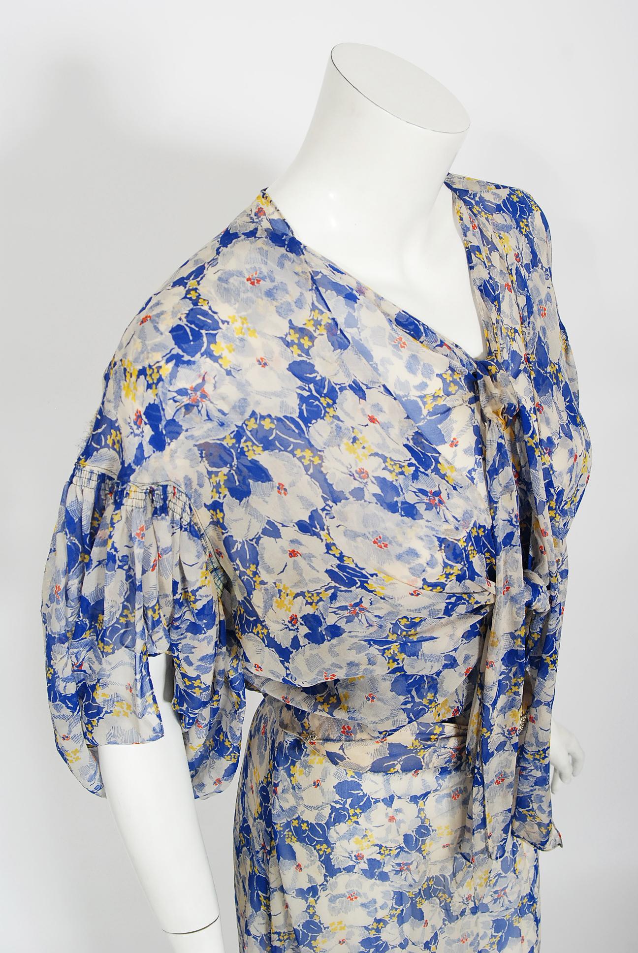 Women's Vintage 1930's Blue Floral Chiffon Bias Cut Gown & Winged-Sleeve Smocked Bolero 