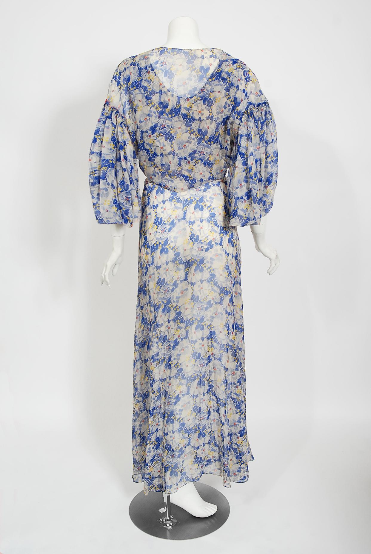 Vintage 1930's Blue Floral Chiffon Bias Cut Gown & Winged-Sleeve Smocked Bolero  1