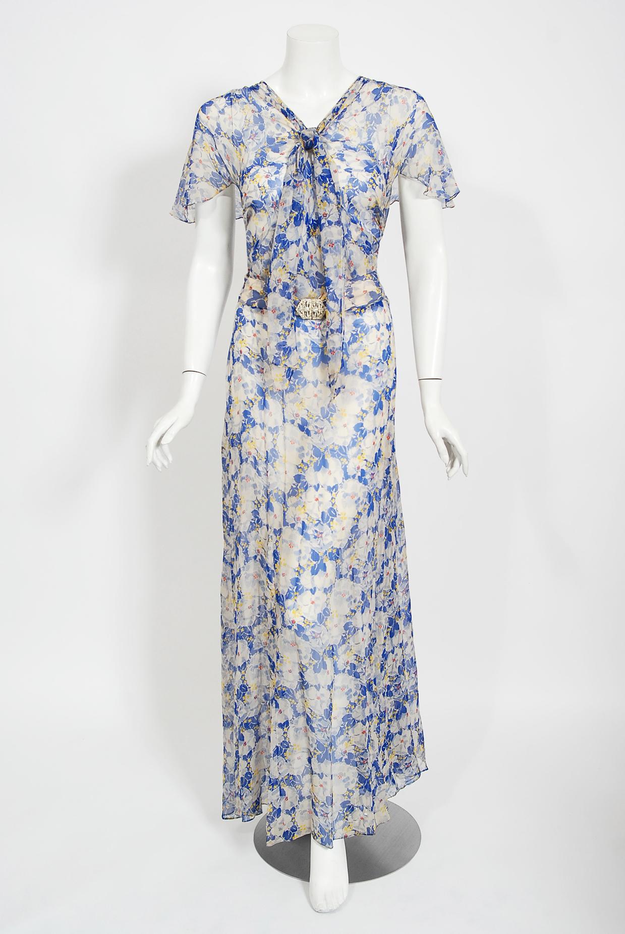 Vintage 1930's Blue Floral Chiffon Bias Cut Gown & Winged-Sleeve Smocked Bolero  2