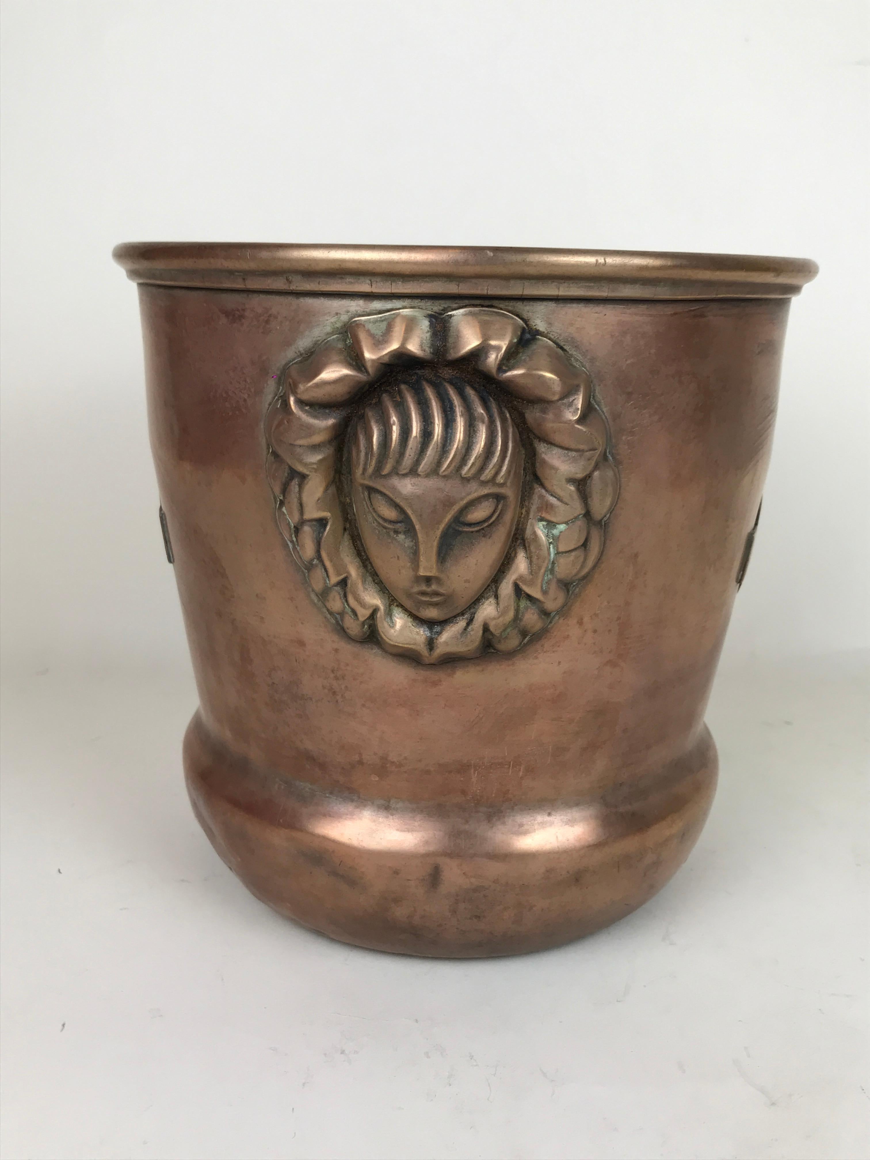 Copper 1930s Vintage Brass Italian Ice Bucket Martini with Art Deco Reliefs Made