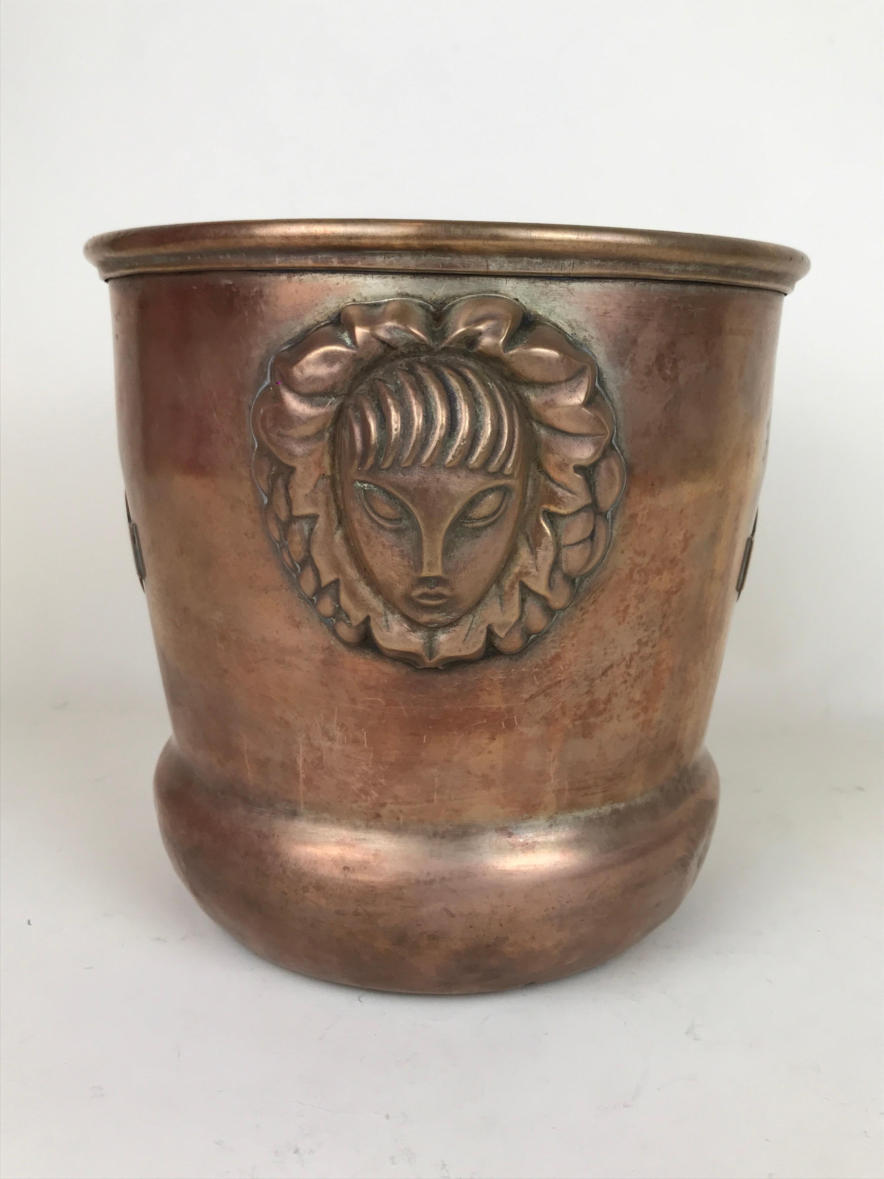 1930s Vintage Brass Italian Ice Bucket Martini with Art Deco Reliefs Made 1