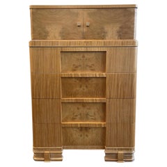 1930s Vintage Burled Wood Art Deco High Boy Cabinet