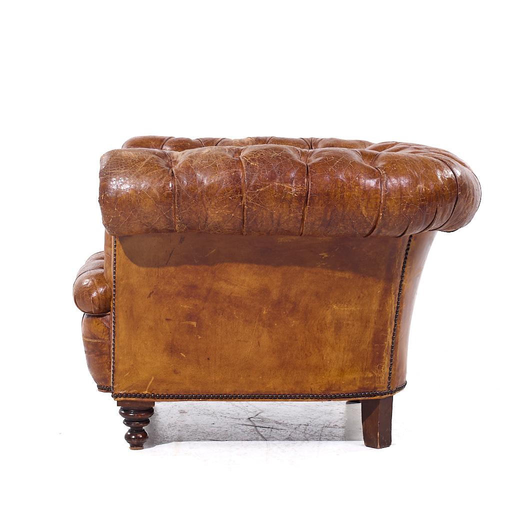 1930s Vintage Cigar Brown Leather Chesterfield Club Armchairs - Pair 6