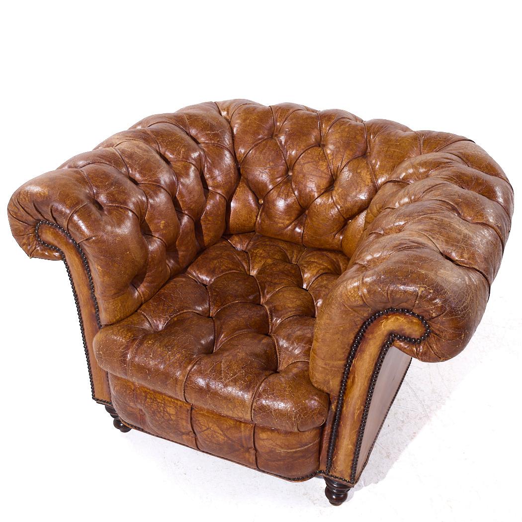 1930s Vintage Cigar Brown Leather Chesterfield Club Armchairs - Pair 7