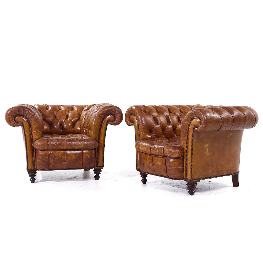 English 1930s Vintage Cigar Brown Leather Chesterfield Club Armchairs - Pair