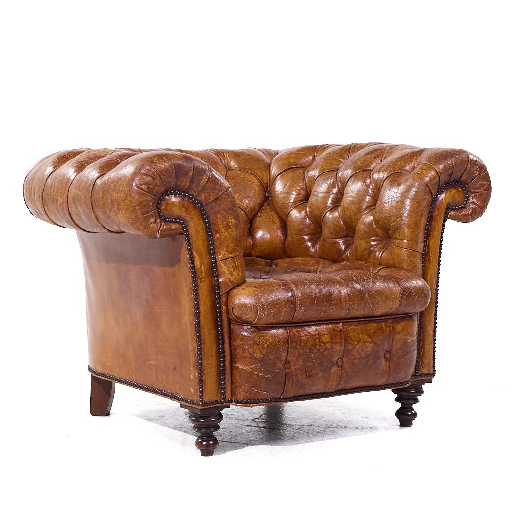 1930s Vintage Cigar Brown Leather Chesterfield Club Armchairs - Pair In Good Condition In Countryside, IL