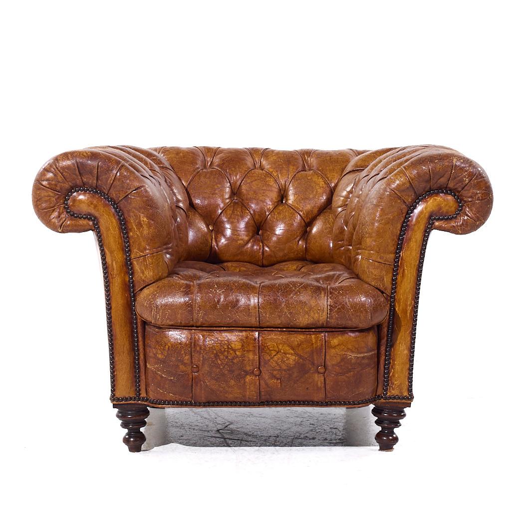 Mid-20th Century 1930s Vintage Cigar Brown Leather Chesterfield Club Armchairs - Pair