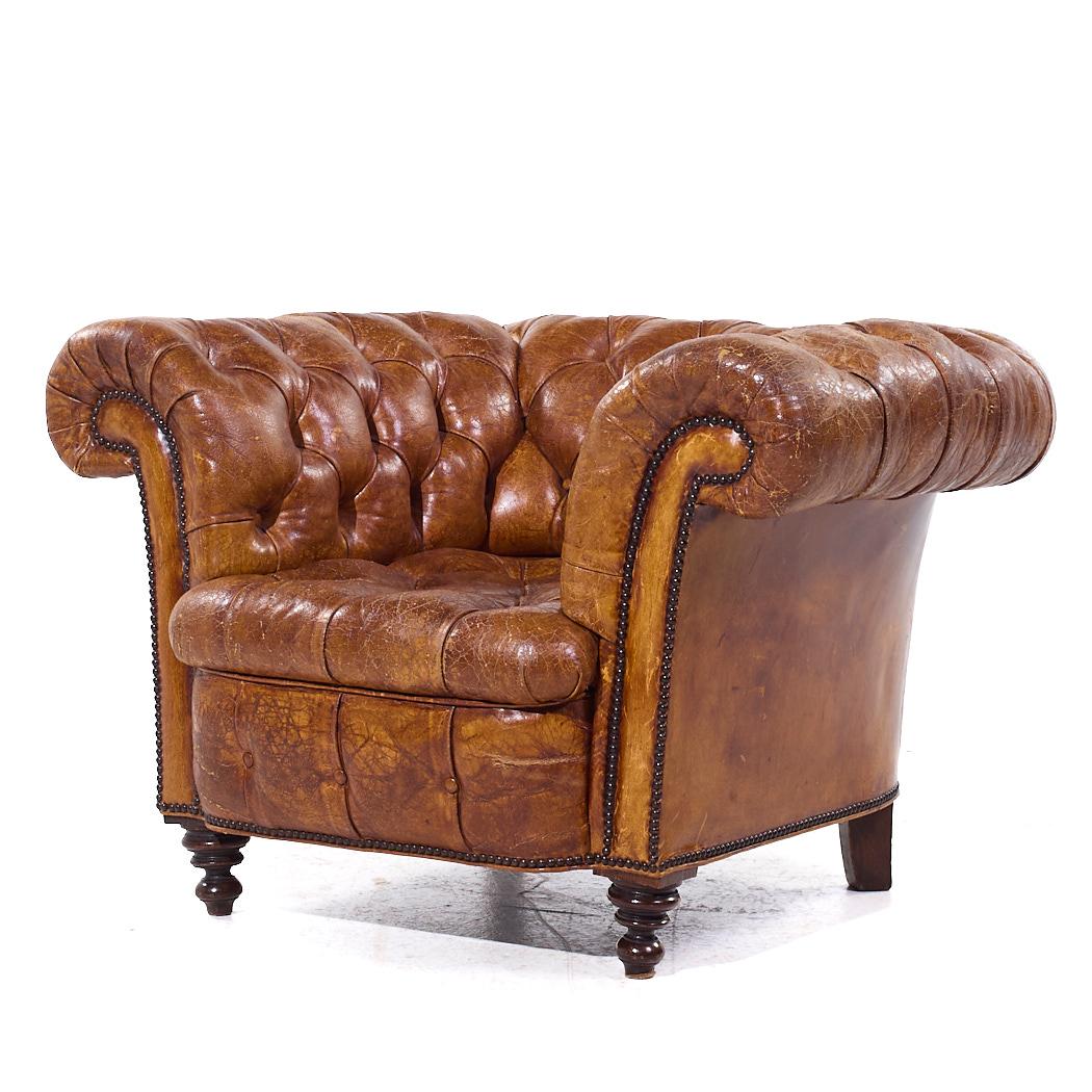 1930s Vintage Cigar Brown Leather Chesterfield Club Armchairs - Pair 1