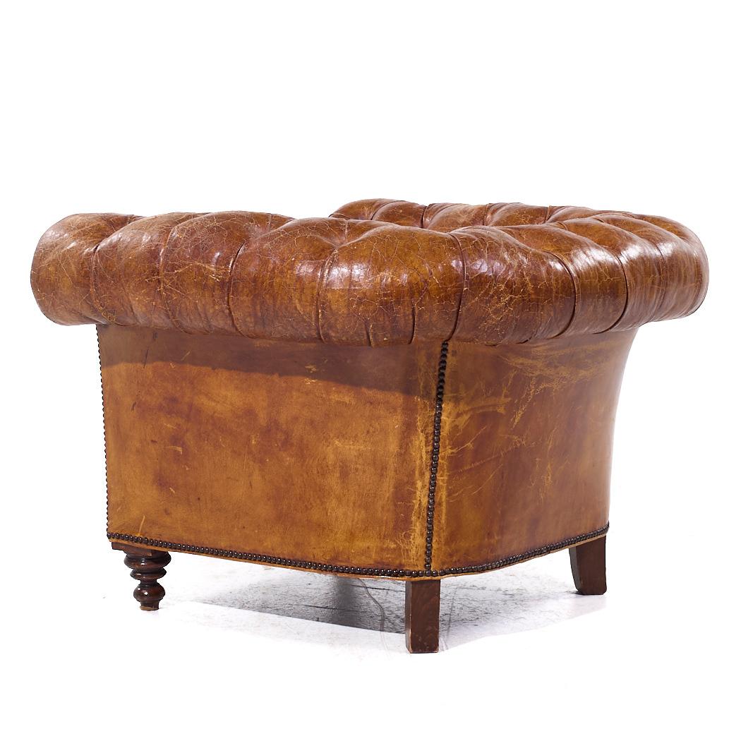 1930s Vintage Cigar Brown Leather Chesterfield Club Armchairs - Pair 4