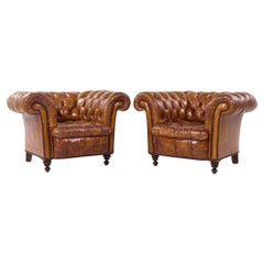 1930s Vintage Cigar Brown Leather Chesterfield Club Armchairs - Pair