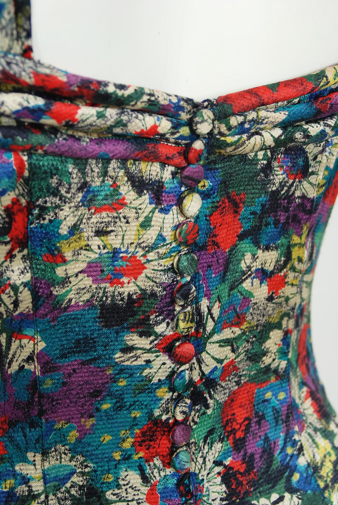 1930's Vintage Colorful Floral Print Silk Bias-Cut Gown & Puff-Sleeve Bolero Set 4