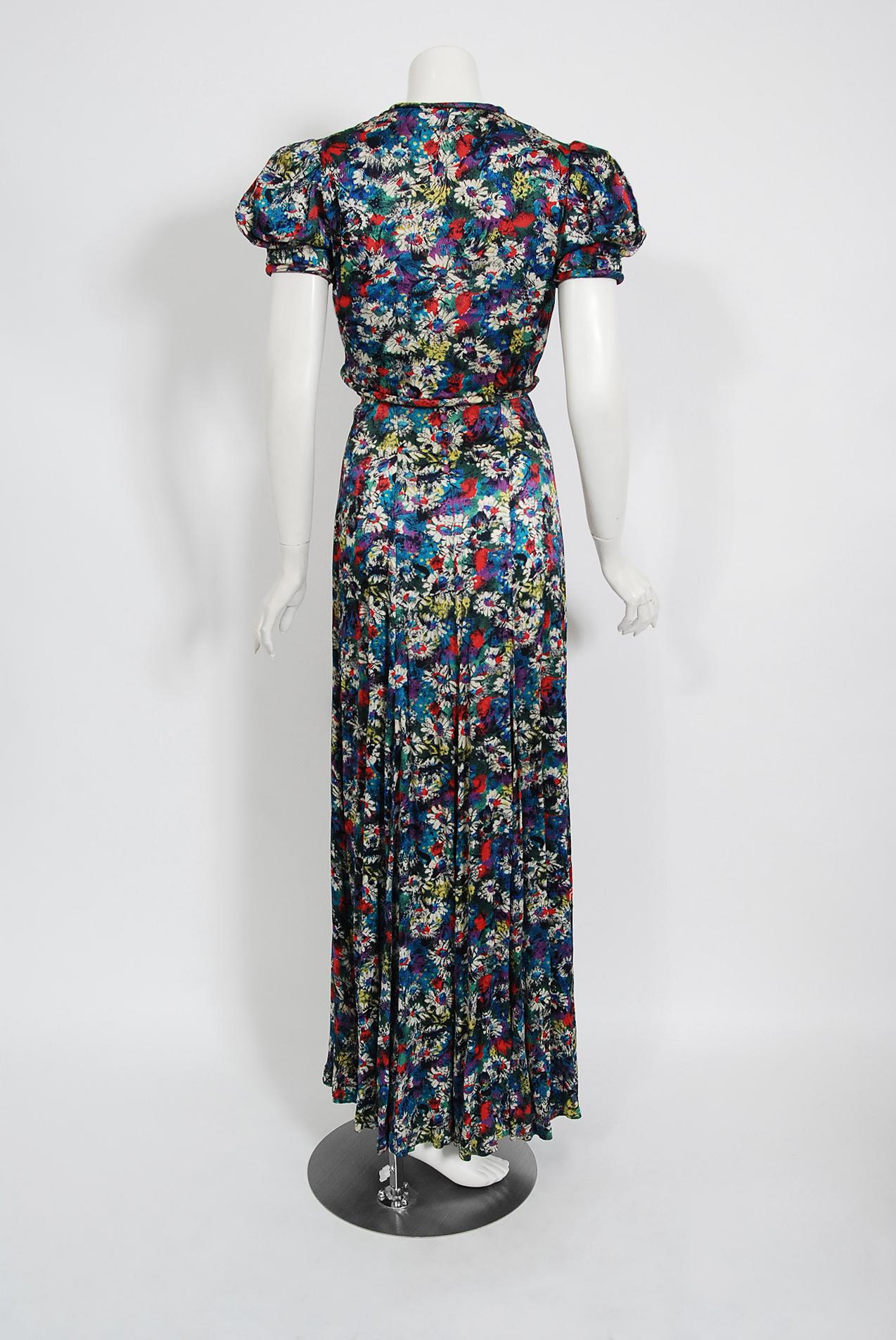 1930's Vintage Colorful Floral Print Silk Bias-Cut Gown & Puff-Sleeve Bolero Set 5