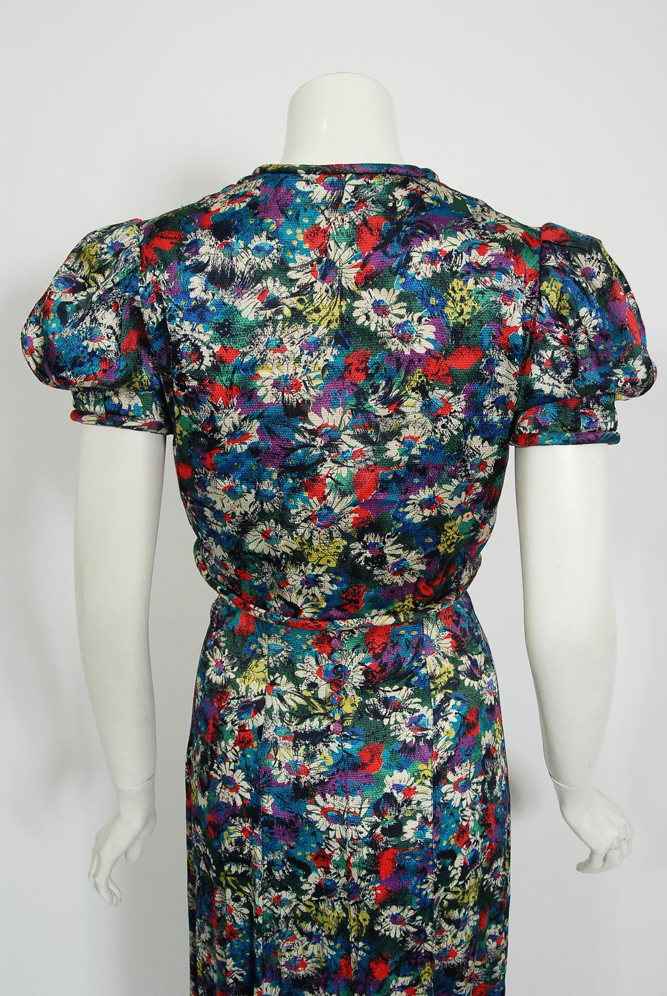 1930's Vintage Colorful Floral Print Silk Bias-Cut Gown & Puff-Sleeve Bolero Set 6