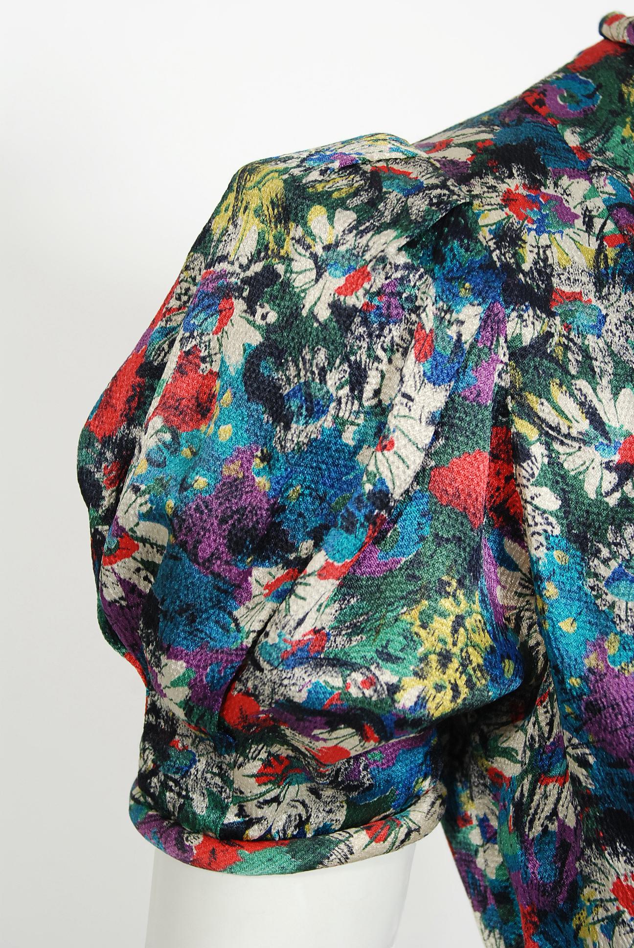 Black 1930's Vintage Colorful Floral Print Silk Bias-Cut Gown & Puff-Sleeve Bolero Set