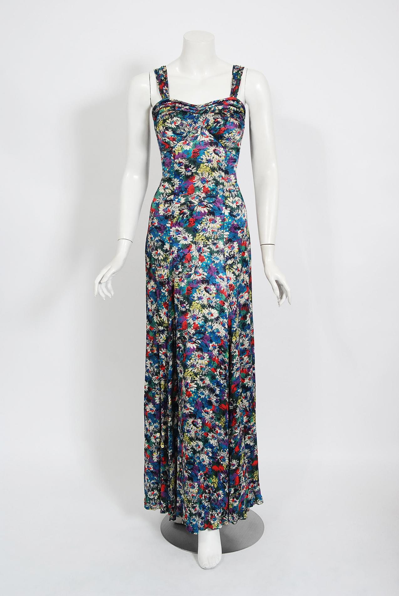 1930's Vintage Colorful Floral Print Silk Bias-Cut Gown & Puff-Sleeve Bolero Set In Good Condition In Beverly Hills, CA