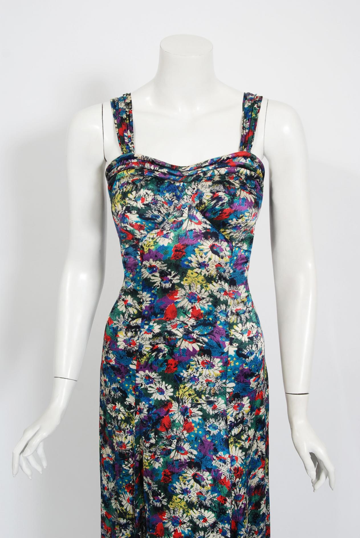 Women's 1930's Vintage Colorful Floral Print Silk Bias-Cut Gown & Puff-Sleeve Bolero Set