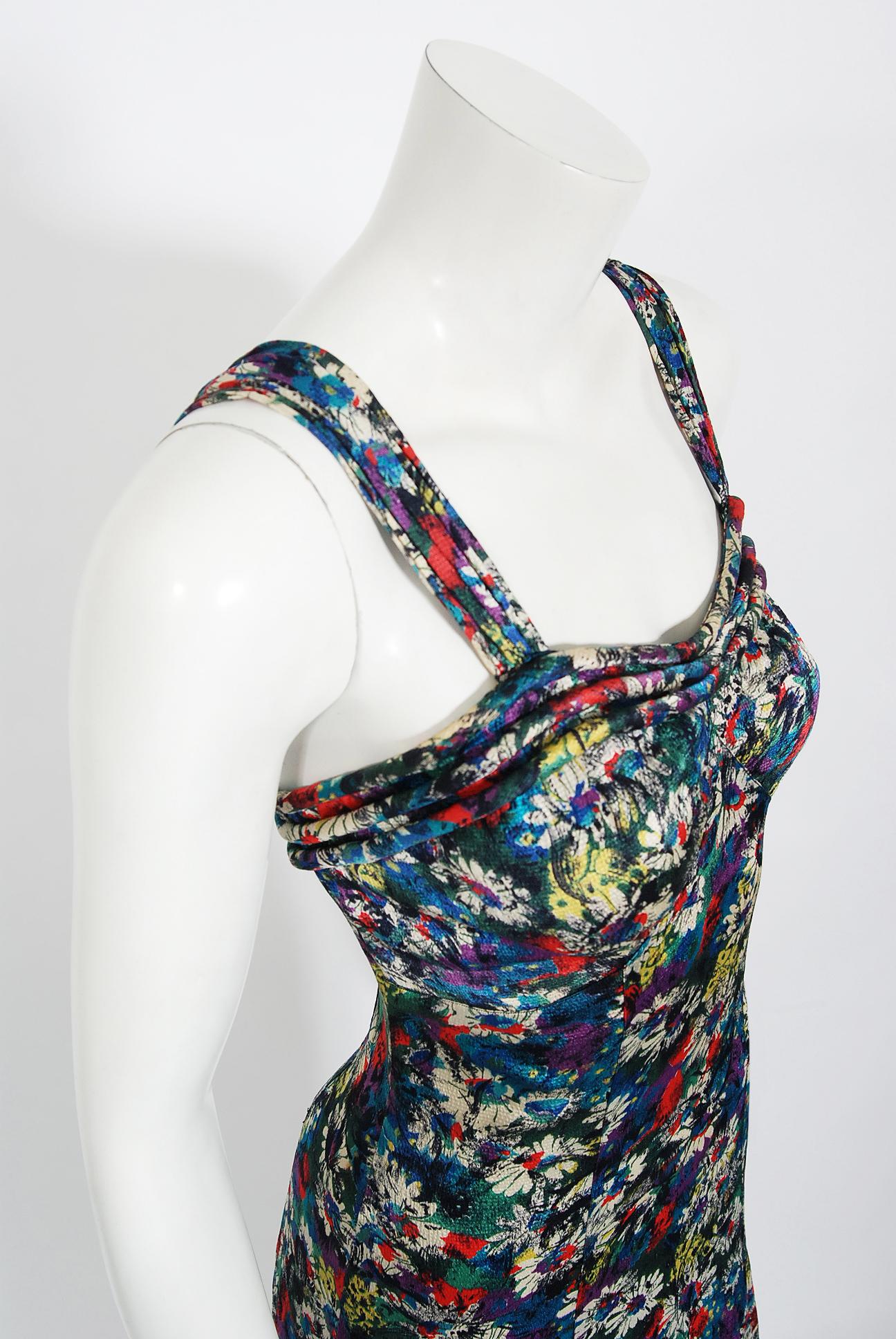1930's Vintage Colorful Floral Print Silk Bias-Cut Gown & Puff-Sleeve Bolero Set 1
