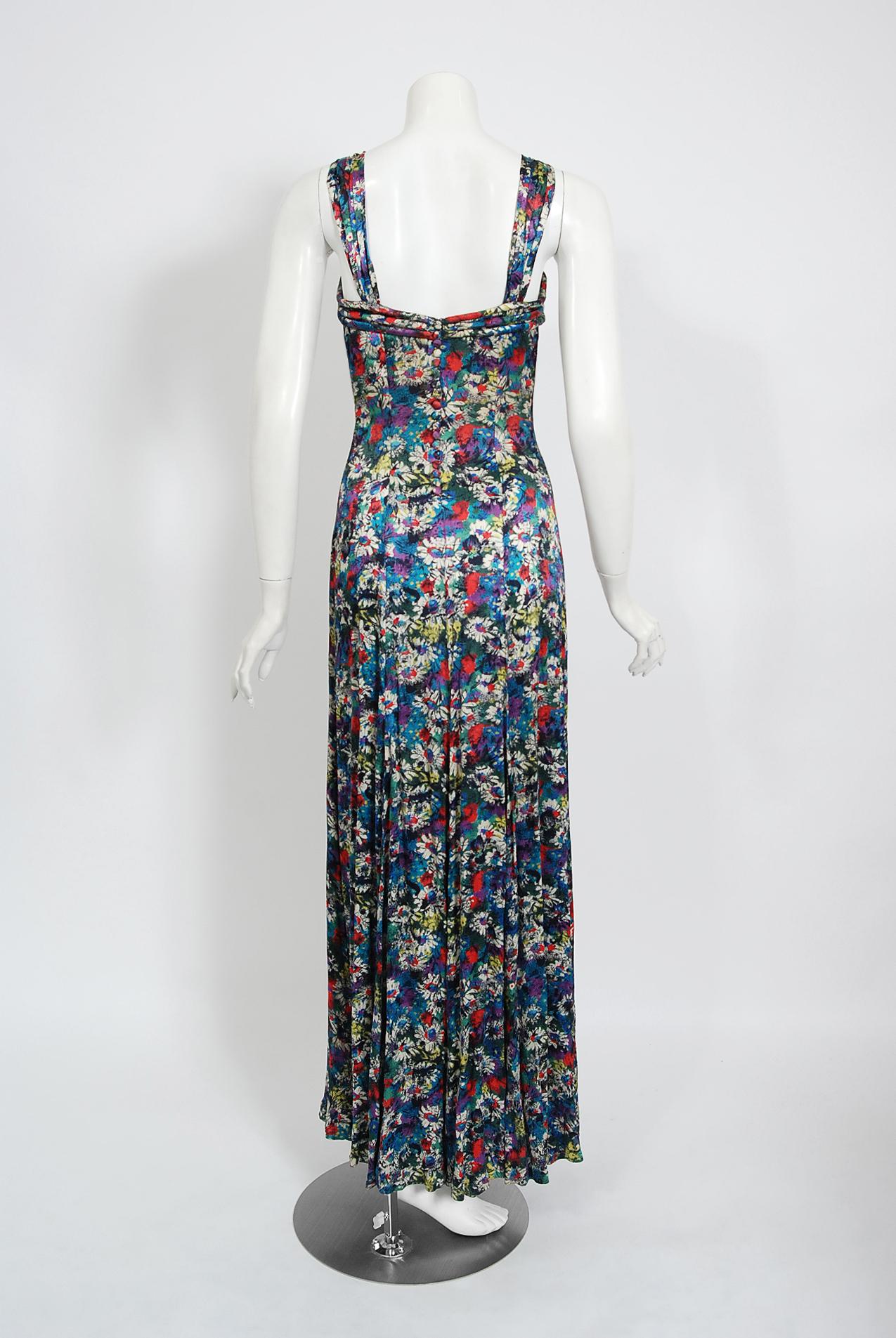 1930's Vintage Colorful Floral Print Silk Bias-Cut Gown & Puff-Sleeve Bolero Set 3