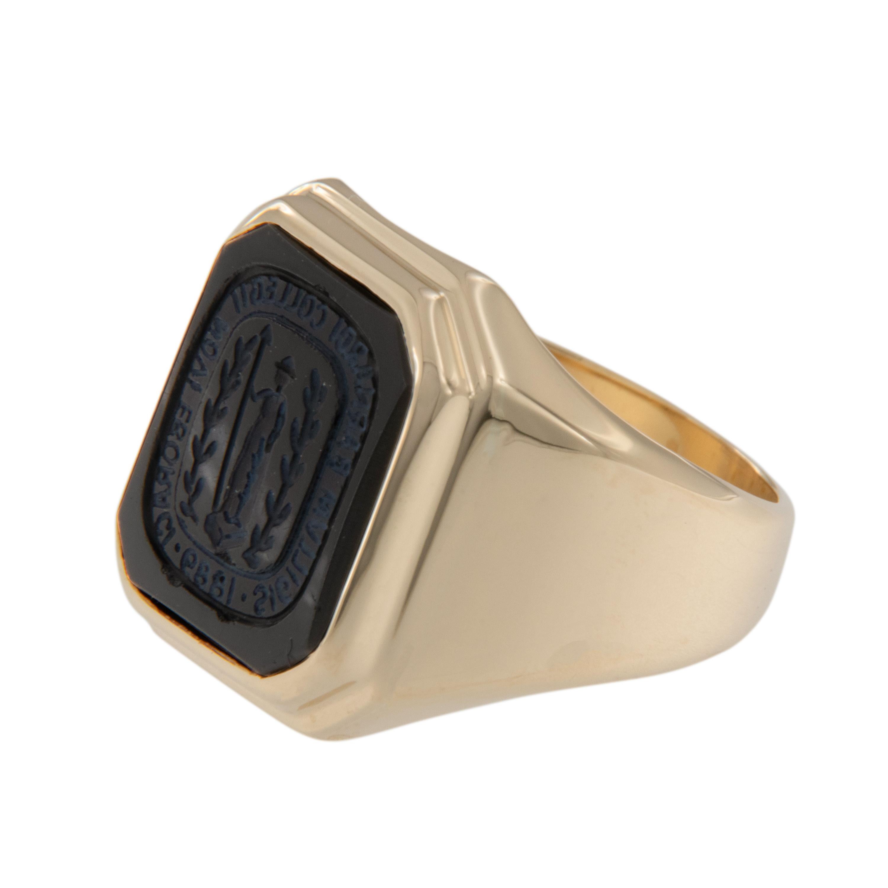 Barnard College, Columbia University, is a private women's liberal arts college in the borough of Manhattan. This vintage ring is in exceptional condition with the expertly carved black onyx having fine detail. The Columbia University seal was