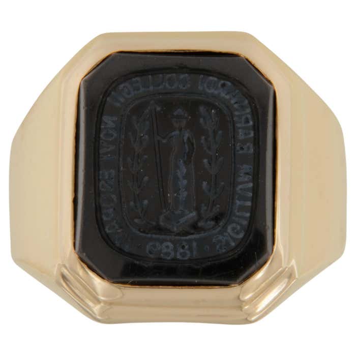 1930's Vintage Columbia University Seal Yellow Gold Black Onyx Ring For ...