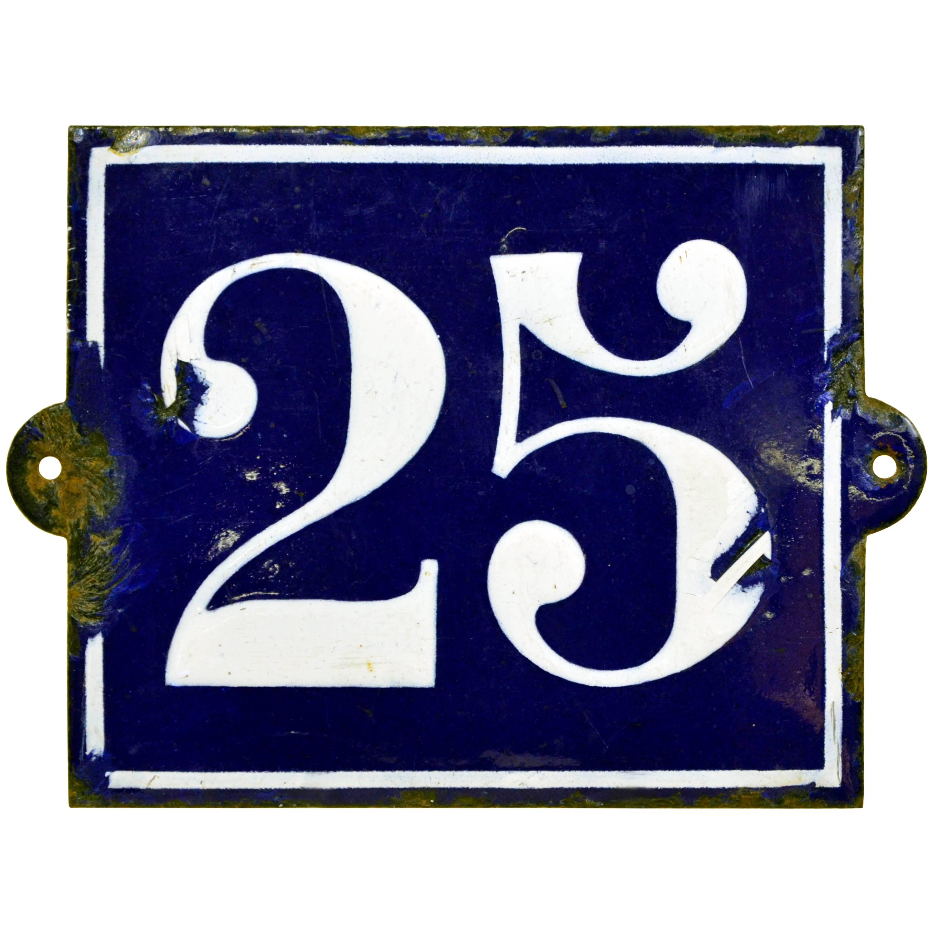 1930s Vintage Dark Blue French Enamel Metal Street Number 25 Sign