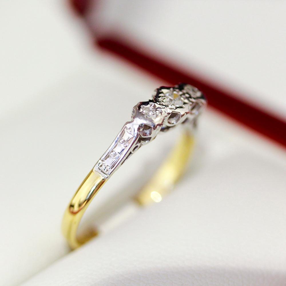 Single Cut 1930's Vintage Diamond Trilogy Ring, Handmade in 18ct and Platinum For Sale