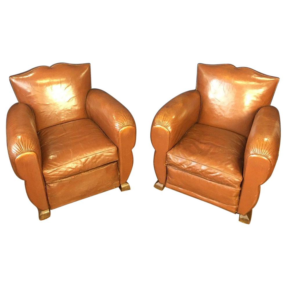 1930s Vintage French Moustache Back Club Chairs, a Pair