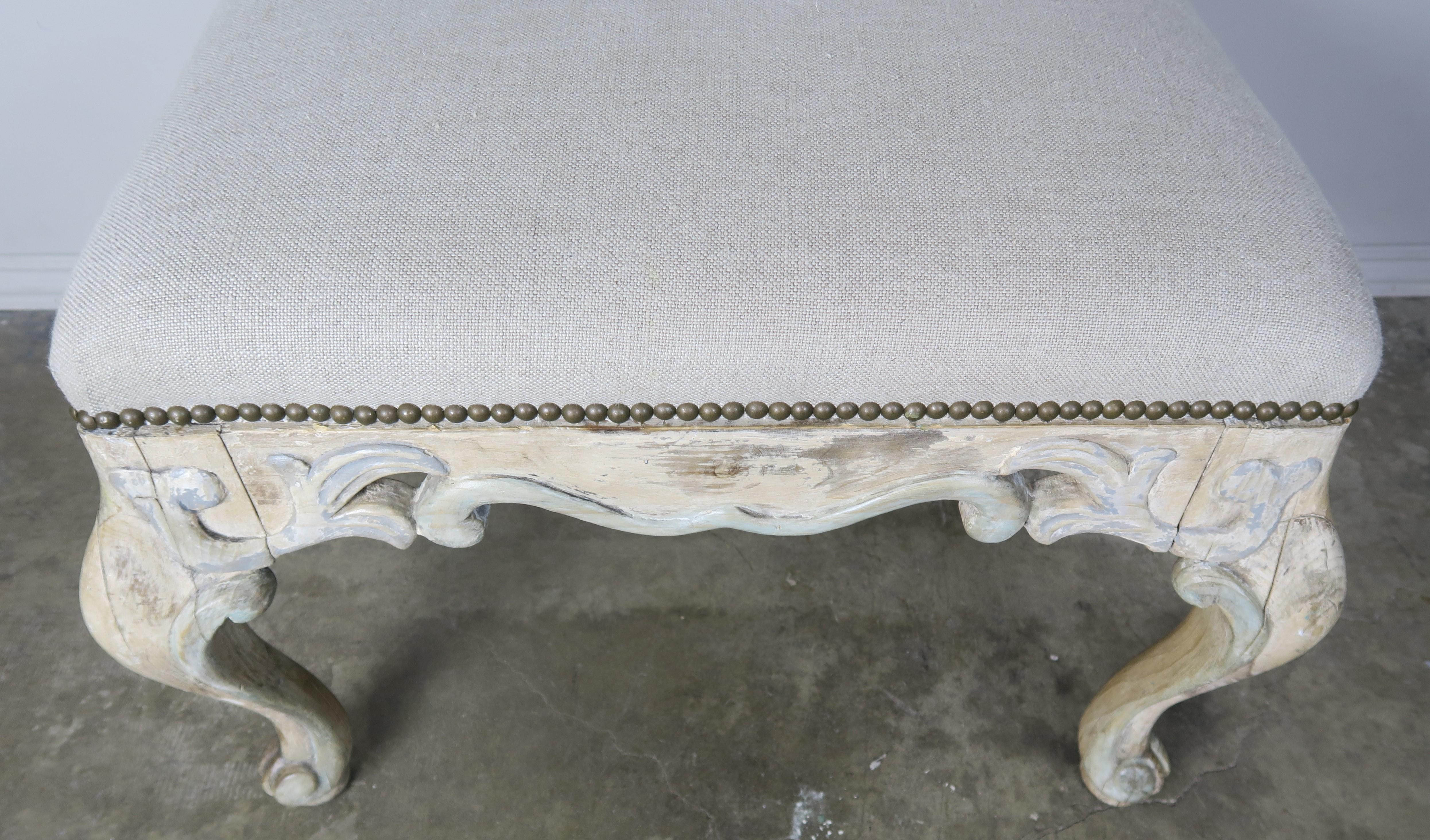 1930s Vintage French Painted Carved Wood Bench 3