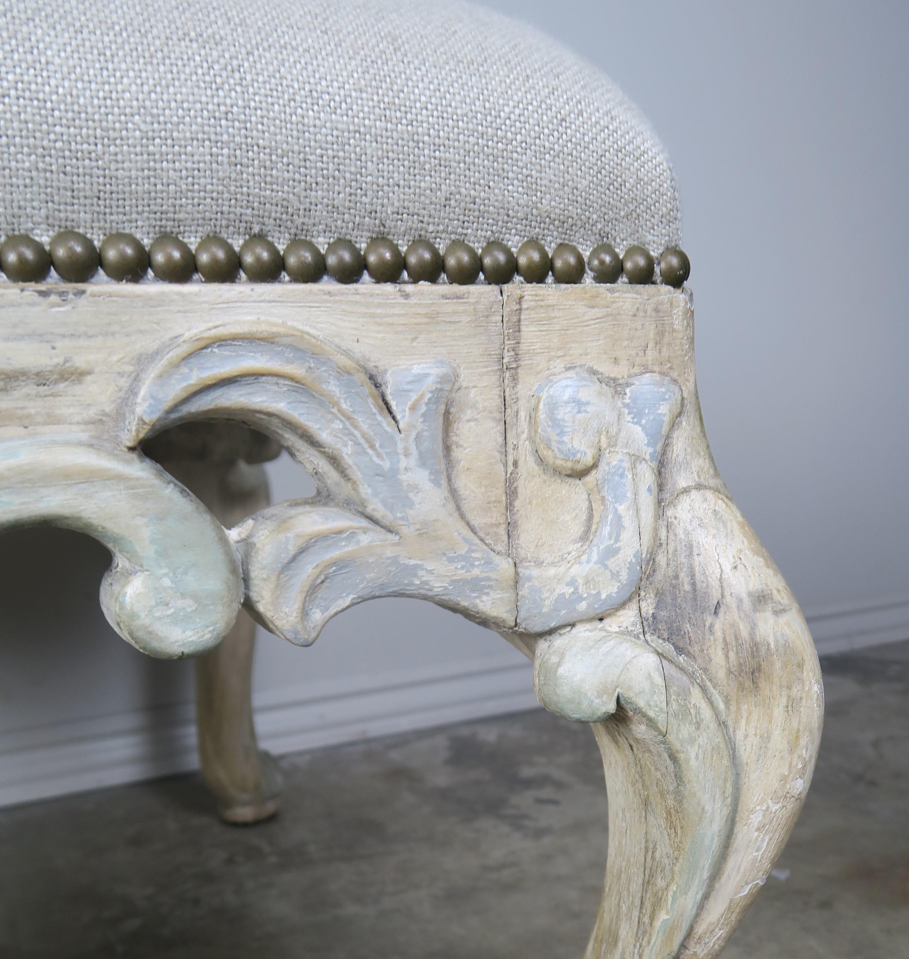 Hand-Painted 1930s Vintage French Painted Carved Wood Bench