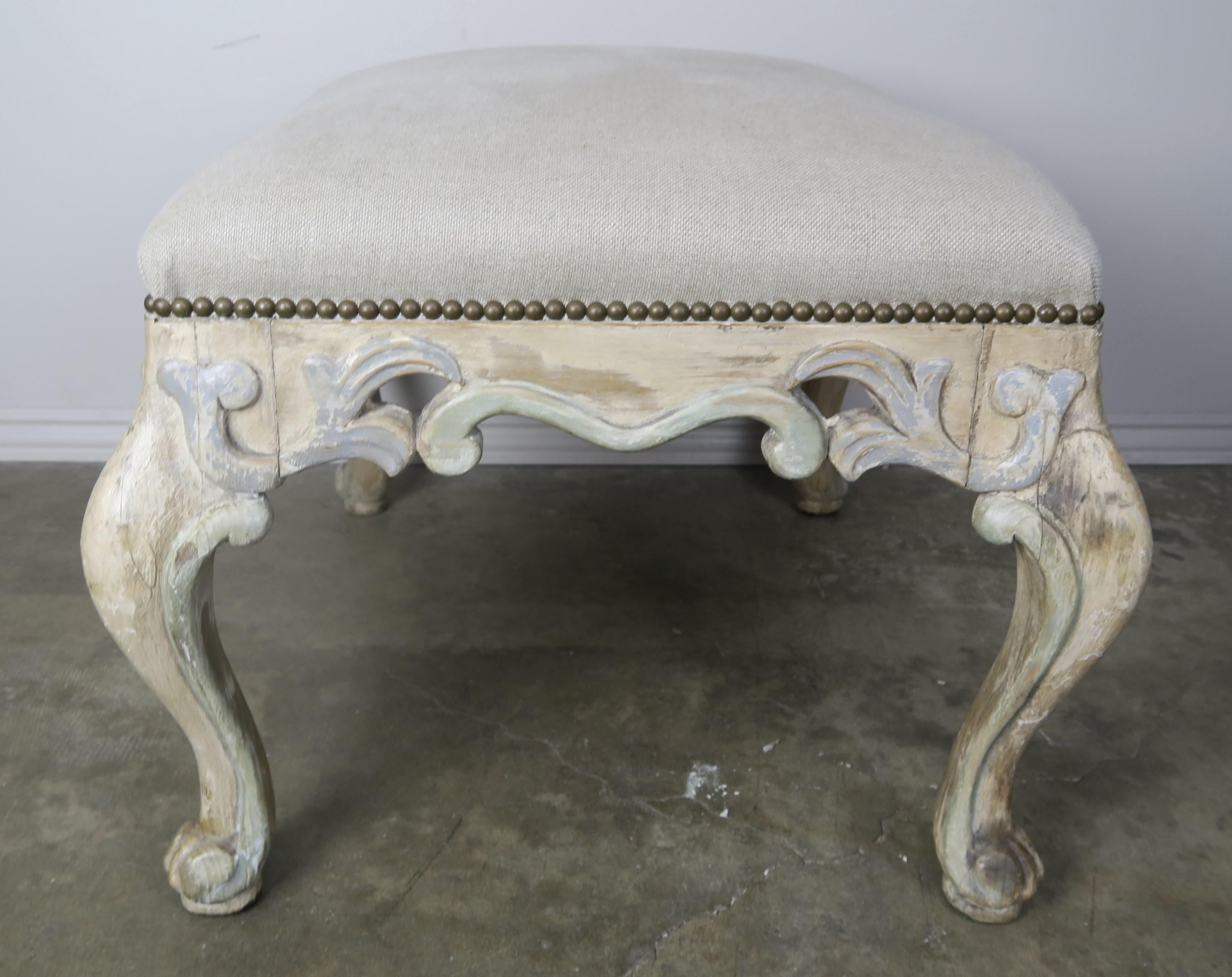 1930s Vintage French Painted Carved Wood Bench 2