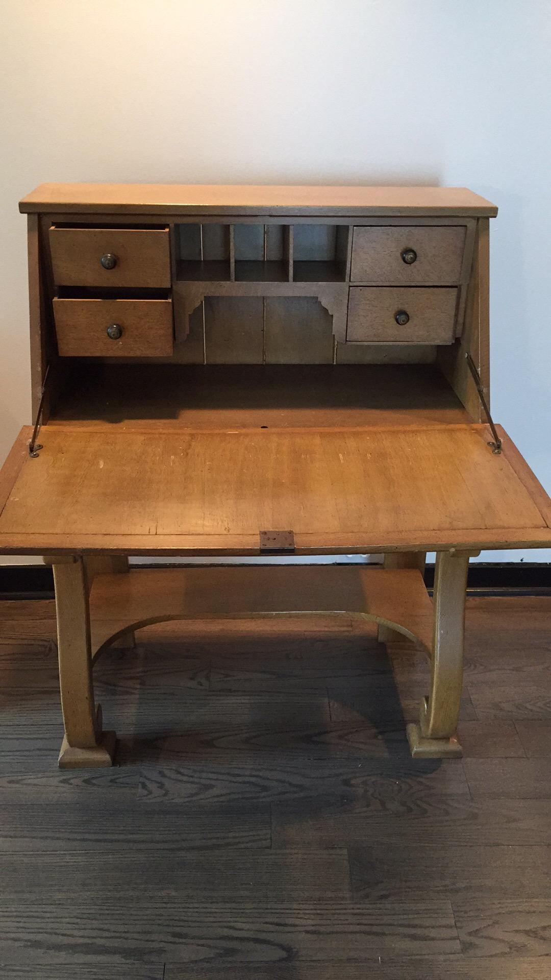 1930s vintage French secretary desk
Handmade while our father was overseas in WW2 - the father of an French girlfriend gave this to him and he fell in love 
Gorgeous blonde wood, details a plenty 
elegant and versatile 

Measures: 32 W x 29.5 deep