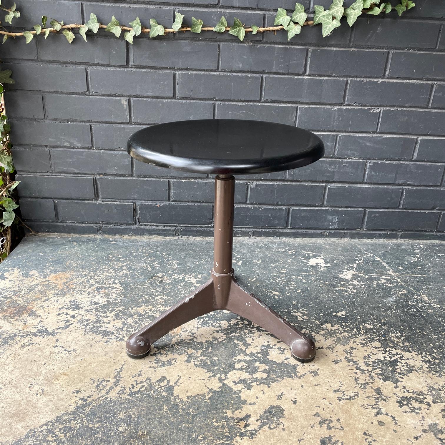 Design is in the manner of Jean Prouve for AB Odelberg-Olsen. Interesting mold markings to the bottom, could not find anything on the mark. These stool was manufactured in Eastern Europe.

The top has a 2.5 inch chip repair that is visible upon