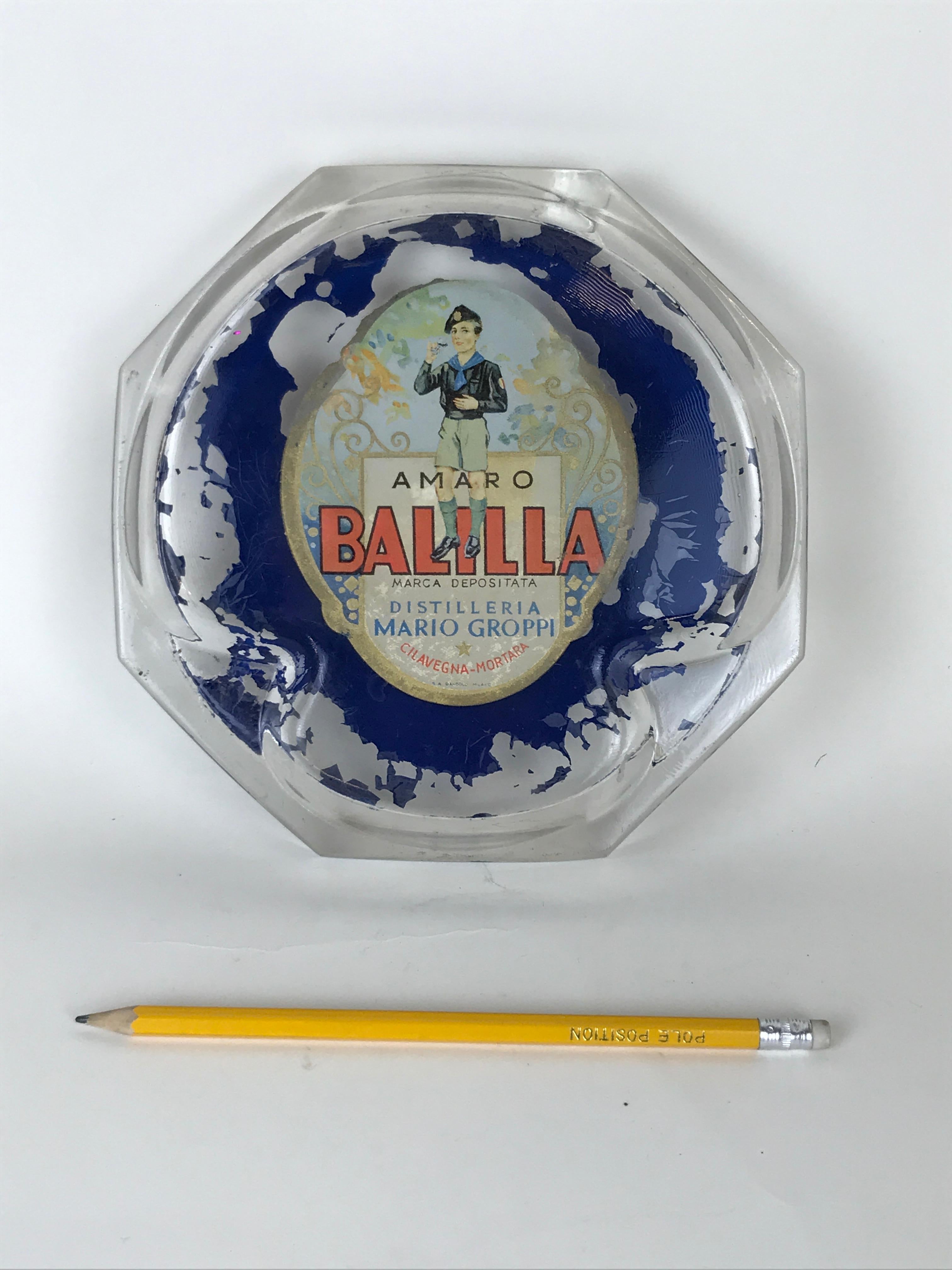 Vintage rare Amaro Balilla advertising ashtray in glass made in the 1930s in Italy.

Printed on back 
