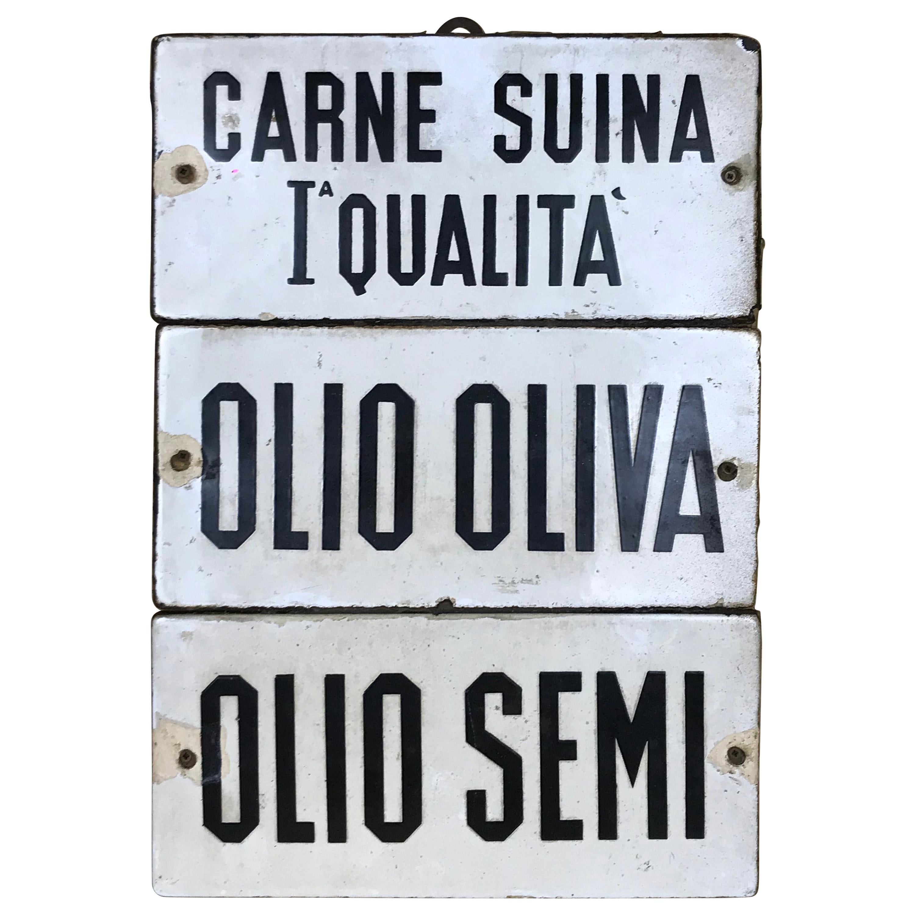 1930s Vintage Italian Enamel Metal Olive Oil and Gastronomy Sign