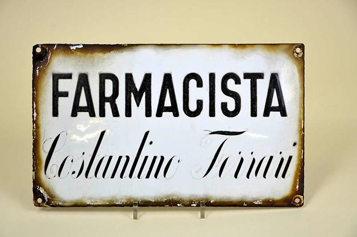 Mid-20th Century 1930s Vintage Italian Enamel Metal Sign Farmacia or Pharmacy Shop For Sale